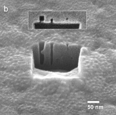 Cross section method for determining milling endpoint. a) creation of cross section face, b) machining of vias (top-down, inset) and observation on tilted sample.