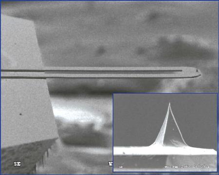 An SEM image of the microfabricated thermal probe used for nTA measurements. The inset is a zoom of the tip, which makes contact with the sample surface.