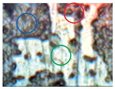 An optical image (a) of a two-component solid lubricant coating. The circles indicate locations where nTA data was taken, and the colors correlate with the curves in the graph (b). The nTA data in the graph clearly identifies the two different coatings by their distinct transition temperatures. The complete absence of transition temperatures in the green curve shows that neither component is present at the location of the green circle.