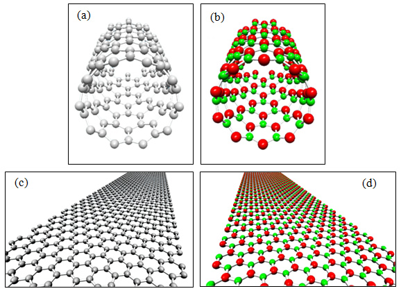 Zigzag (10, 0) (a) CNT and (b) BNNT and Zigzag GNR and BN Nanoribbon. Grey, red, and green spheres represent carbon, boron, and nitrogen atoms, respectively.