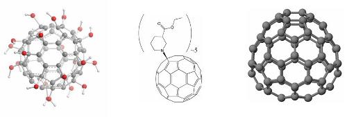 Left: Water-soluble polyhydroxylfullerene example (Aldrich Prod. No. 707481). Middle: Organic Soluble SGF ester (Aldrich Prod. No. 707473).Right: C74, an example of an un-functionalized SGF (Aldrich Prod. No. 707503).