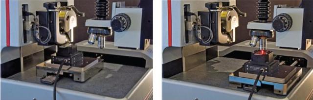 View of the Dimension Icon stage and optics arm of the Raman microscope.