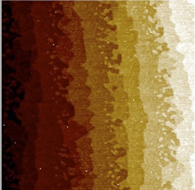 2µm scan of a sample of graphene obtained in PeakForce Tapping operation. Several monoatomic steps and small islands can be clearly identified.