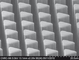 Super dense, high aspect ratio (30 μm tall; 9 μm wide) separation columns embossed on the EVG750 with working stamps. Source: IMI-CNRC