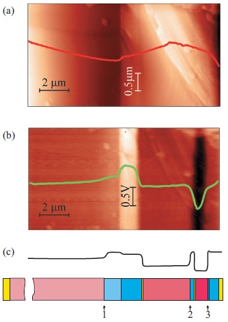 KPFM study of the cleaved surface of an MJ SC in the dark. During measurements both contacts to the MJ SC were grounded. (a) Topographic image of the cleaved surface profile, measured in semi-contactmode (the color-scale contrast spans the height variations of 0.85 μm). (b) Map of the CPD signal measured in the second pass in the absence of an external photoexcitation (the color-scale contrast spans the CPD variations of 1.05 V). (c) Smoothed equilibrium profile of the built-in potential (from model). Schematic of the layers: arrows with digits show the p-n junction positions in the subcells (see also color designations in Fig. 1). Measurement parameters: AFM laser with a wavelength of 650 nm used in the system for cantilever deflection detection, noncontact VIT_P probe, resonance at 257 kHz, surface potential signal was measured at 100 nm lift height and uac=