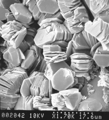 Plate-shaped colloids of kaolinite, or china clay, which give porcelain its fine-grained texture and impermeability.
