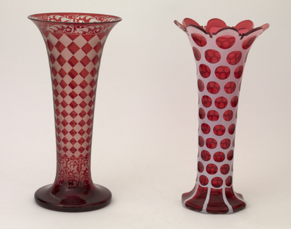 Examples of vases containing ruby glass, made in the 19th century. Ruby glass has been manufactured for centuries, although it was only recently that the pigment used was found to contain gold nanoparticles.