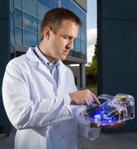 The RapiDx lab-on-a-chip system from Sandia National Laboratories can analyze microlitre samples of blood or saliva for protein signatures for biotoxins at the point-of-care.