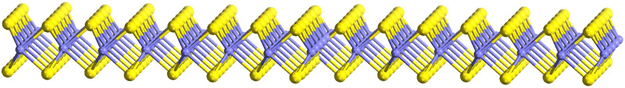 Two-dimensional molybdenum/sulfur is a hexagonal lattice when seen from above, but when viewed edge on, as it is here, its three-layer form is apparent. When two sheets of the material meet, three-dimensional dislocations appear at the grain boundaries. When the sheets meet at a 60-degree angle, those boundaries are metallic, and conductive.