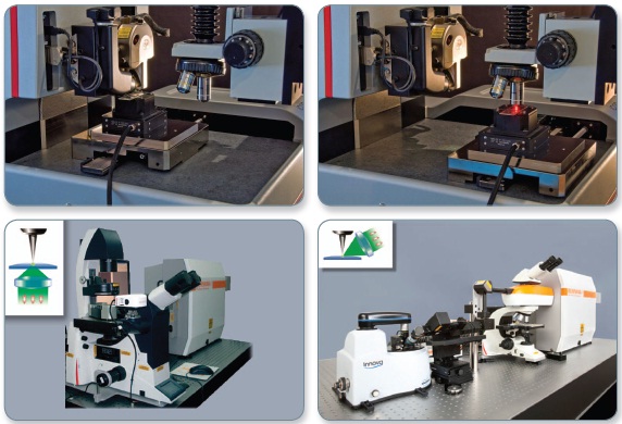 View of the Dimension Icon stage and optics arm of the Raman microscope for co-located AFM-Raman measurements (shown on top). The Icon stage shuttles the sample between the AFM head (left) and the Raman objective (right). The red spot emanating the objective is the Raman laser illuminating the sample during a Raman measurement. Photos of the sample-scanning Innova-IRIS and Catalyst-IRIS systems for correlated and TERS imaging are shown on bottom.