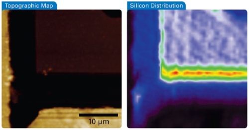 Simultaneous AFM-Raman acquisition sequence with (left) AFM sample topography, and (right) Raman map. The Raman image was created by plotting the intensity of the main silicon band at 520 cm-1. The areas in red, yellow and green depict the areas of exposed silicon. Image size 30 µm.