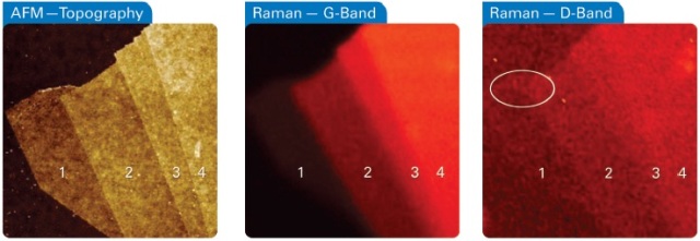 AFM topography (left) and Raman images of the G (middle) and D-band (right) of a graphene flake on silicon. Both Raman and AFM data confirm the layered structure with 300pm step height separating layers. The Raman image of the D-band also suggests an increased density of defects along the edge of the single layer (see circle). Image width is 15 µm.