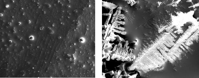 Left: SEM image of magnetic nanoparticles (light) under a coating (dark). Right: The same magnetic nanoparticles which have been organized into a pattern using a magnetic field.