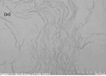 SEM Images of the structures after the etching process (a), after the growth of the first 3 pm GaN film (b), and after the growth of the additional 17 um thick GaN layer (c).
