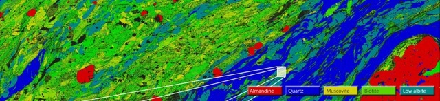 A large area map (LAM) acquired from 83 fields at 150X magnification for sample MSEF1 showing the distribution of the different mineral phases