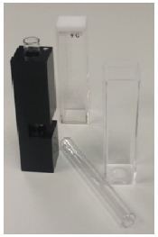 Clockwise starting at the top; 10 mm glass cell, 10 mm disposable plastic cell, round glass cell, round glass cell inside metal cell holder.