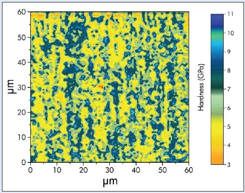 10,000 point hardness (top) and modulus (bottom) maps on a DP 980 cold rolled steel alloy.