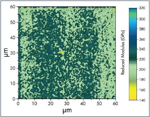 10,000 point hardness (top) and modulus (bottom) maps on a DP 980 cold rolled steel alloy.