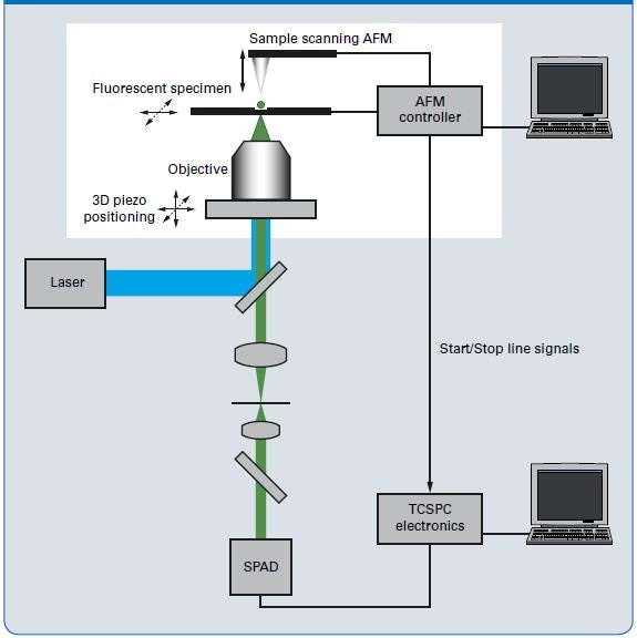 Schematic of the combined setup: The sample is placed on the scanner of the AFM, and the data acquisition of the MicroTime 200 is synchronized with the scanner movement by including corresponding electronic marker signals into the collected photon data stream.