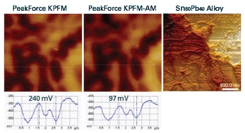 PeakForce KPFM and PeakForce KPFM-AM potential maps and cross section profile of a Sn-Pb alloy (60:40 by weight, at right is the topography (4µm scan).