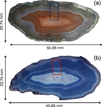 Two fortification agate samples. They are oval in shape with approximately 50-mm-long major axes and are characterized by a colorful and b bluish banding layers, respectively. The former varies in color, from gray through orange and red to brown towards the center. On the other hand, the latter consists of bluish chalcedony alternating with white microcrystalline quartz. Open rectangles represent the areas of ablation