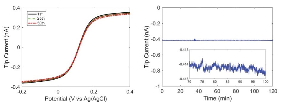 (a) The 1st, 25th and 50th CVs selected from 50 continuous scans at a scan rate of 20 mV/s; and (b) 2-hour amperometric test at -0.1 V vs Ag/AgCl. The inset is magnification from 70 to 120 minutes. Solution: 5 mM [Fe(CN)6]4-, 5 mM[Fe(CN)6]3- and 0.1 M KNO3.