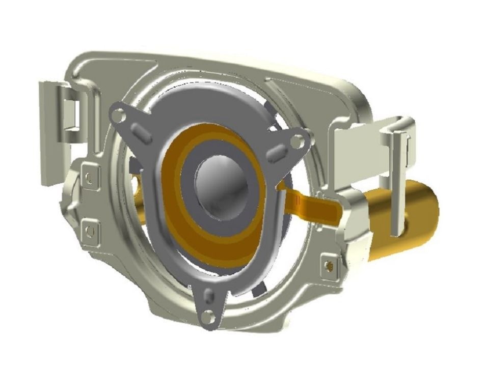 Aerosol generation with ultrasonic piezo transducer. The piezo ring is directly glued to the metal ring of the diaphragm. When an AC voltage is applied, the piezo element oscillates with a frequency of approx. 35 kHz (Image: Pari Pharma/PI)