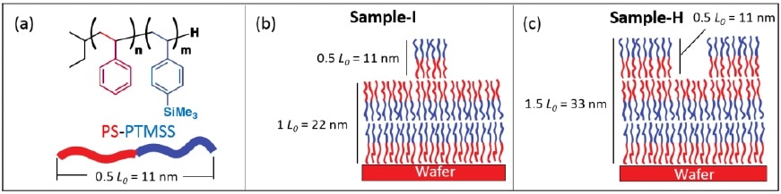 Block Co-polymer (BCP) sample description. The island and hole features (shown in (b) and (c) respectively) have a half-full pitch height/depth of 11 nm; each chemical block is only 5.5 nm thick.