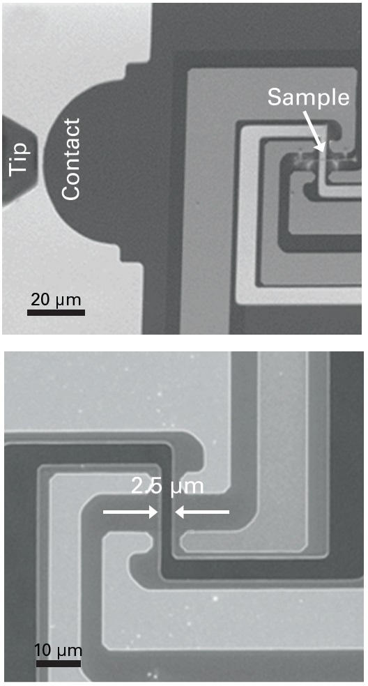 Low-magnification SEM image displaying where the probe contacts the E-PTP (top) and high-magnification image showing sample mounting position (bottom).