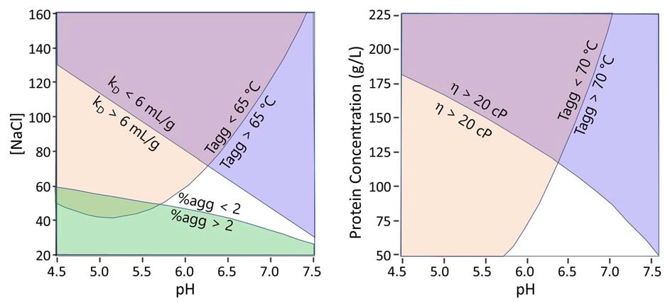 Phase diagrams used to map out optimal formulation space. Top: white space corresponds to kD values above 6 mL/g for colloidal stability and Tagg values above 65 °C for conformational stability and % large aggregates at 25 °C below 2%. Bottom: White space corresponds to viscosity ? below 20 cP for injectability and Tagg above 70 °C for thermal stability.
