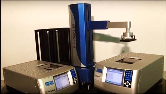 Loading and unloading can be automated, as shown here with a Hudson Plate Crane. The DYNAMICS API provides tools for controlling the instrument and transferring results to external software.