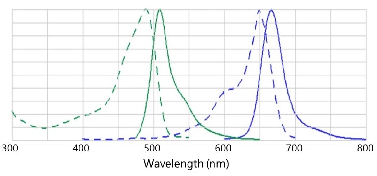 Excitation (dashed lines) and emission (unbroken lines) spectra of EGFP (green) and Cy5 (blue). EGFP is not excited by radiation of wavelength longer than about 550 nm, while Cy5 is not excited by wavelengths beyond 700 nm. 532-nm excitation of Cy5 would exhibit low fluorescent intensity and a large Stokes shift while 660-nm excitation would exhibit high fluorescent intensity and a negligible Stokes shift.