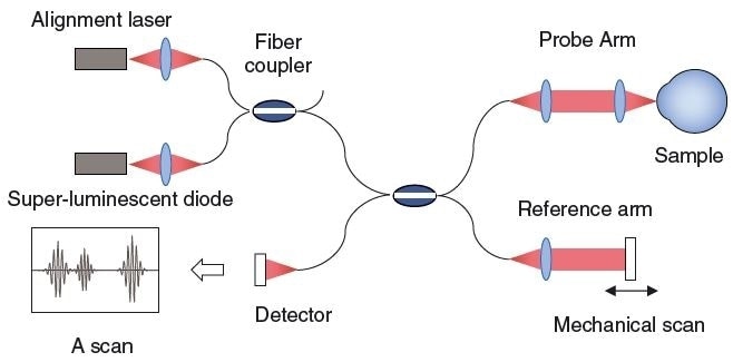 Classic time-domain optical coherence tomography (TD- OCT) system for single-point axial A scans.