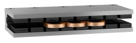 Design of a linear motor showing the magnetic track and three current-carrying coils.