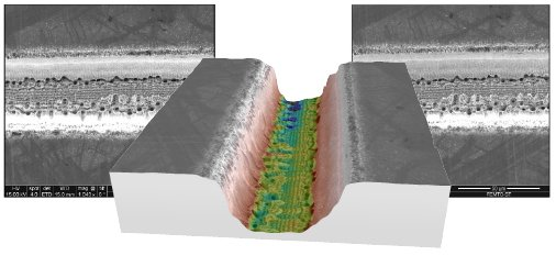 3D model of a laser ablated micro-line reconstructed from two SEM images obtained at different tilt angles.