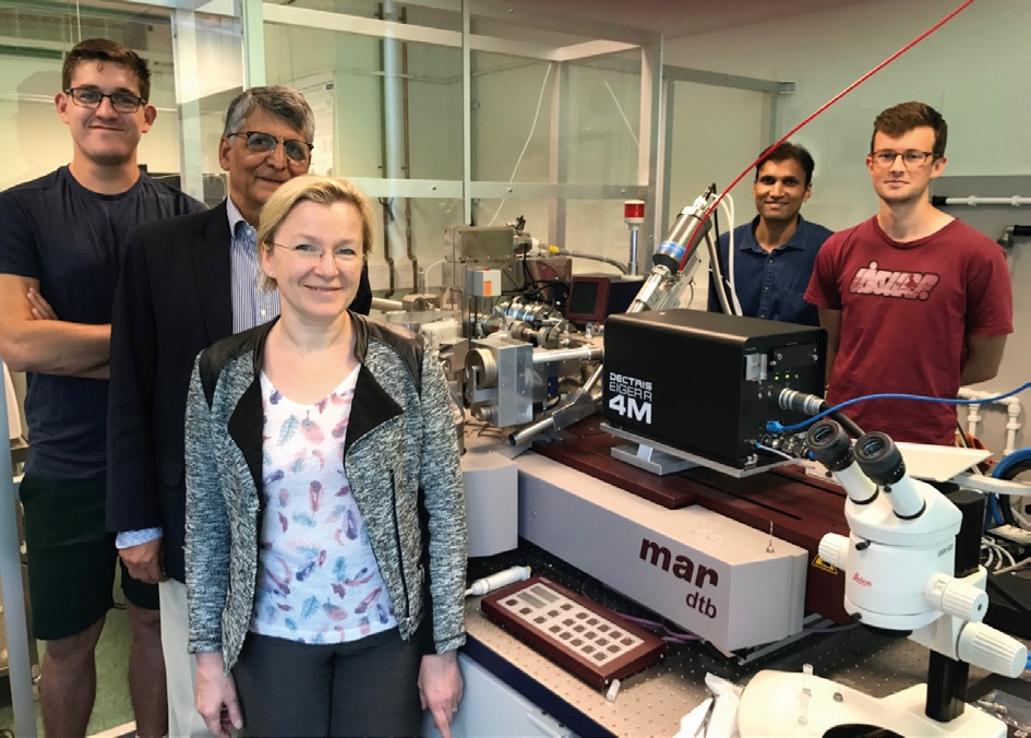 The group of Dr. Antonyuk and Prof. Hasnain in front of their upgraded diffractometer. The EIGER R 4M is mounted on a mardtb (marXperts, Germany)