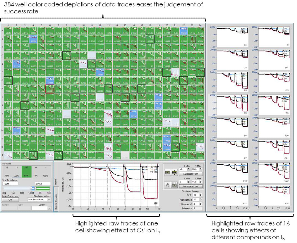 Graphical user interface of the screening and data analysis software used on the SyncroPatch384PE. Screenshot depicts raw data traces of hHCN2- expressing HEK cells as recorded on one NPC-384 patch clamp chip. A single point concentration response curve for Cs+, ZD7288 and ivabradine was performed on individual wells. One control application of physiological solution was made followed by one concentration of compound on each well and increasing concentrations over the plate. Multi-hole chips were used where 4 holes were present per well. The data of the 384 well plate representation in the upper left part are color-coded for easy assessment of data. Depending on the seal resistance, pictures are green (Rmemb > 300 M?), blue (Rmemb 100 - 300 M?) or light blue (< 100 M?). One highlighted experiment is displayed at the bottom, 16 selected experiments are displayed on the right. Graphs show raw data traces of hHCN2 channels upon activation by hyperpolarizing voltage steps and application of buffer (red trace), followed by one compound addition (black trace), and a full block at the end of the experiment (blue trace)