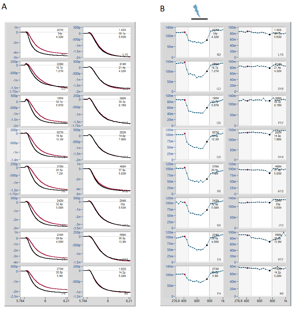 Modulation of Ih by light-induced cAMP production. A. Raw current traces from 16 example cells showing the effect of blue light stimulation (8 cells on the left, black traces) and no light (red traces (left) and red and black traces (right)). B. Online analysis plot showing tau versus time for the same cells shown in A.