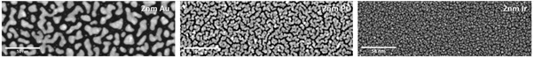 2 nm of gold, platinum and iridium sputtered onto silicone surface, base pressure 1 E-06 mbar, sputtering current 20 mA