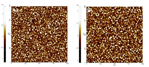 Comparison of AC55 and AC160 image resolution on 200 mm Si sample: (A) AC55 at 4 Hz RPV 12.498 nm Rq 1.555 nm; (B) AC160TS at .8 Hz RPV 11.3 nm, Rq 1.431 nm.