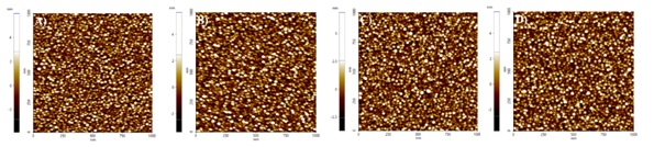 Silicon Surface 1x1 µm image at 4Hz: (A) First Image; (B) 100th Image; (C) 500th Image; (D) 1000th Image.