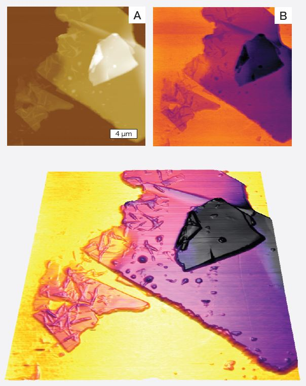 CuInS2 on silicon a) topography b) capacitance c) capacitance overlaid on topography.