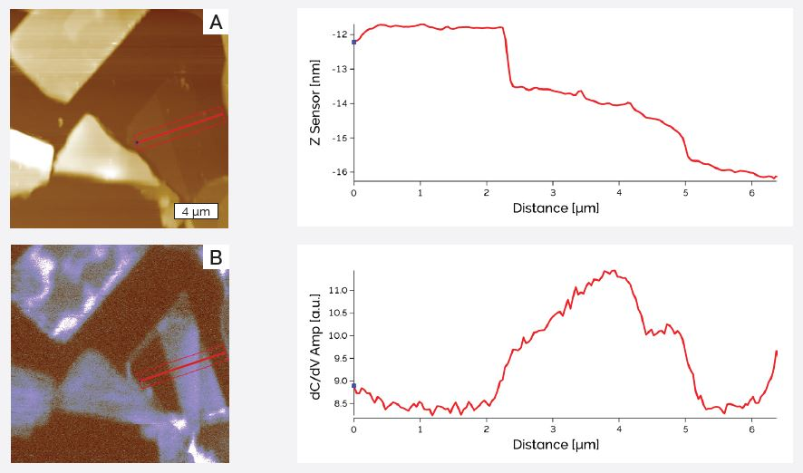 MoS2 sample a) height b) dC/dV Amplitude and c) cross sections of topography and dC/dV amplitude images of the same area. Topography and the dC/dV amplitude signal do not show linear correlation: number of material layers does not correspond to linear increase in dC/dV amplitude signal.