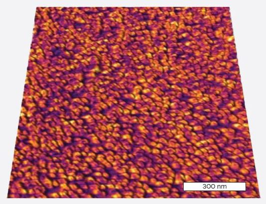 Polycrystalline quantum dots on silicon. 3D rendition of capacitance signal overlaid on topography.