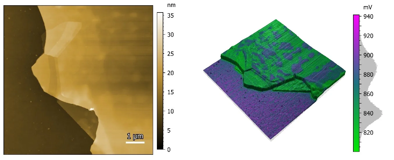 Multilayer graphene. The left image is an 8 x 8 µm2 topography image while the right image shows the 3D representation of the surface topography overlaid with the contact potential difference.