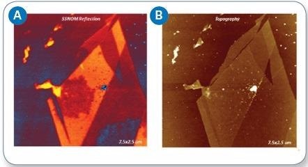 a) s-SNOM reflection image, showing nanocontamination (dirt), and (b) AFM height image of exfoliated graphene