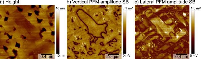 Results of a simultaneous vertical and lateral DFRT PFM measurement on a BFO sample. a) Sample topography in the height channel. b), c) Vertical and lateral PFM amplitude, respectively. Both were measured on the second sideband (SB) at f1+f1m and f2+f2m with an amplitude of 1 V. The vertical PFM amplitude resembled previous results by imaging the position of the domain walls with minimal topographic crosstalk. The lateral PFM amplitude resolved characteristic periodic ferroelastic domains