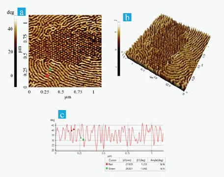 (a) Enlarged view of the phase image in table 1 (after heat and bias treatment), (b) 3D view of Figure 2a, (c) Corresponding line profileof Figure 2a.