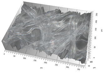 Zeta-20 image of the N95 respirator meltblown layer with no UVC treatment. The untreated fibers appear to be tangled and variable in size and shape, with some fibers joining to form large bundles. Gray level variation is due to translucence of the sample fibers and the dark sample mounting surface.