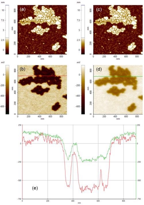 Sideband and Off-resonance comparison. (a) Sideband topography image. (b) Sideband surface potential image. (c) Off-resonance topography image. (d) Off-resonance surface potential image. (e) Line profiles taken along red line in (b) and along green line in (d).
